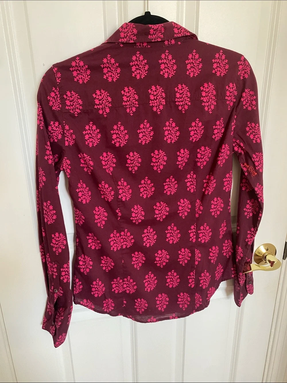 J. Crew Perfect-Fit Women’s Cotton Shirt, Plum with Fuchsia Floral Print Size 2